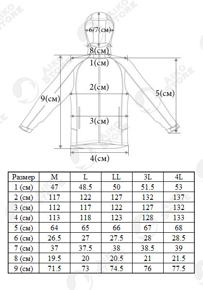 Размерная таблица на непромокаемую ветровку AJ-904